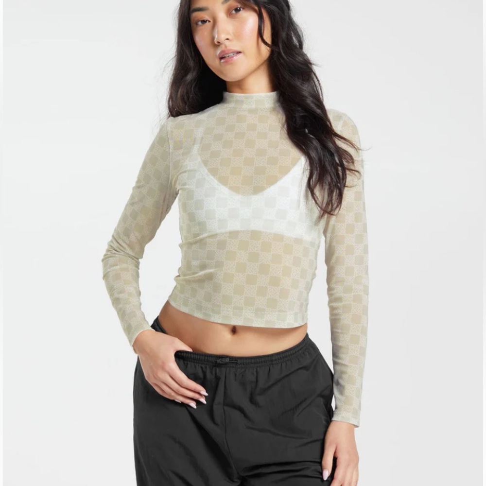 Originality MESH sheer LONG SLEEVE checkered TOP. Women’s size M
